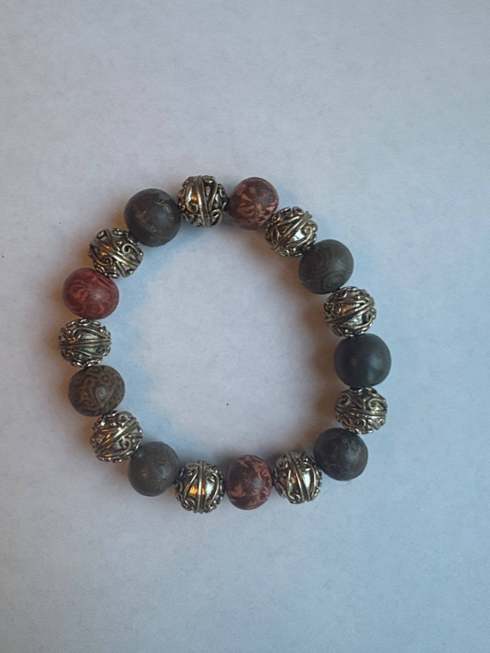 Bohemian Matte Stone & Ornate Silver Bead Stretch Bracelet
